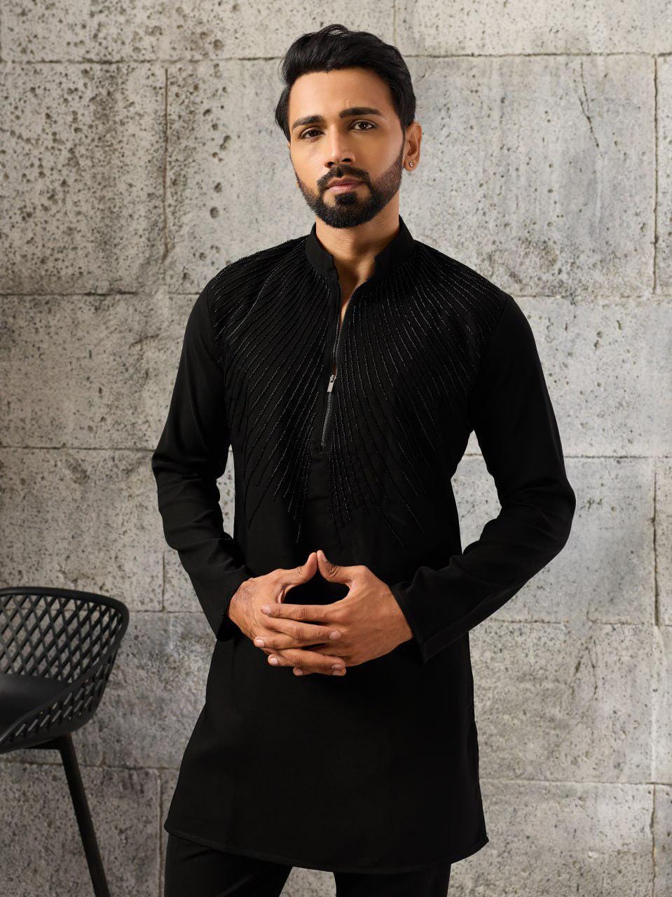 Men's Japanese Fabric Kurta Pant Set | Designer Beads Work Ethnic Wear