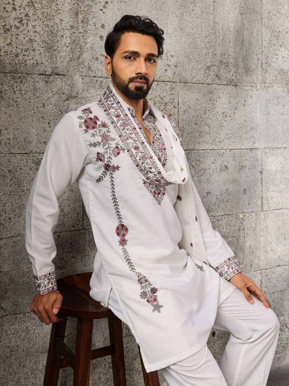 Embroidered Japanese Fabric Kurta Pant Set with Dupatta | Festive Ethnic Wear