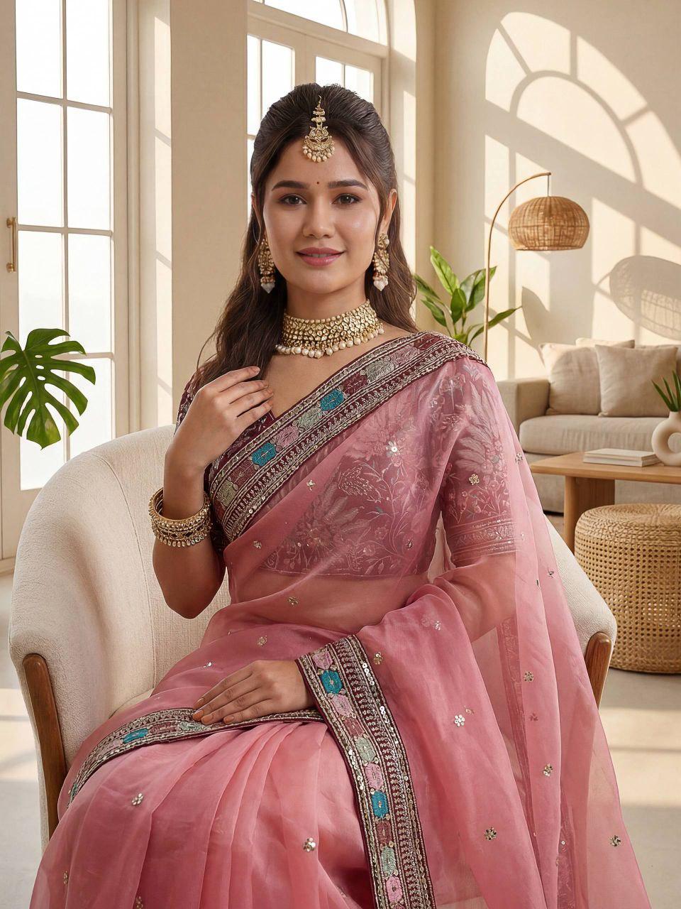 Organza Silk Saree with Embroidery Work & Lace Border | Designer Wedding Saree
