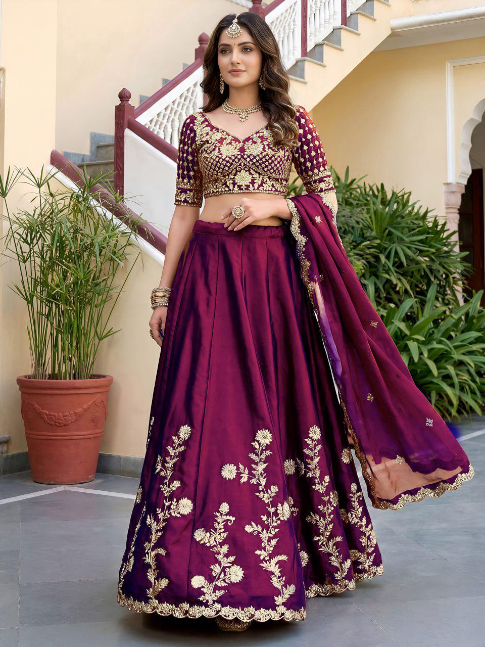 Wine Rangoli Silk Lehenga Choli Set | Zari Dori Sequins Embroidery Bridal Outfit