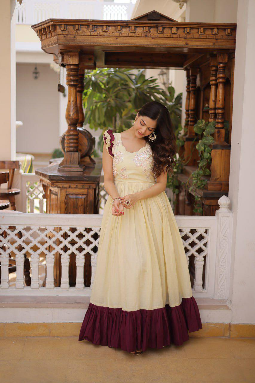 Cotton Anarkali Gown, Sequins Beads Embroidery, Festive Party Dress