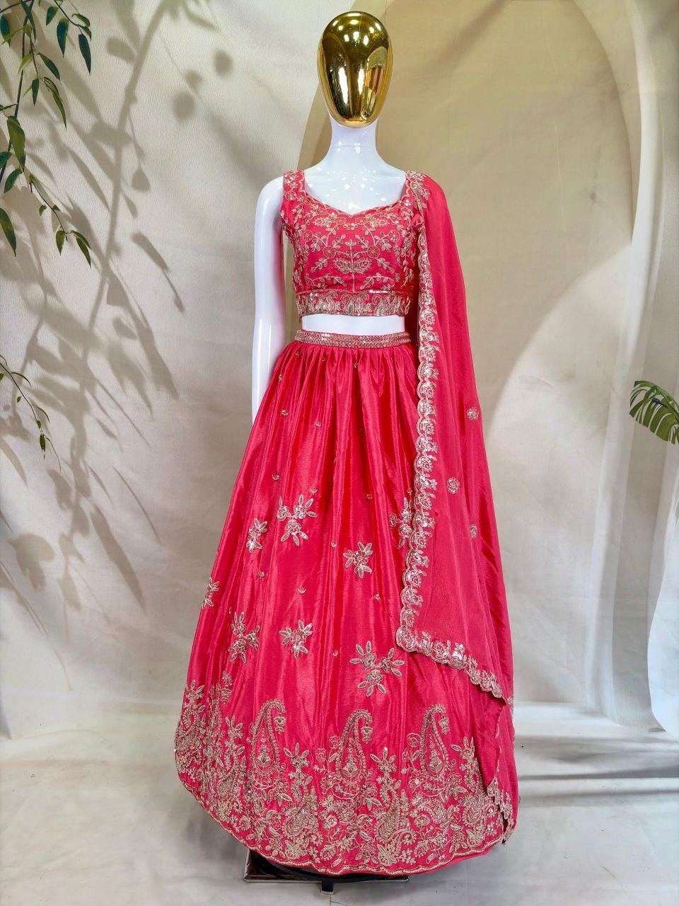 Chinon Lehenga Choli Set, Zari Dori Sequins Embroidery, Semi Stitched Bridal Wear