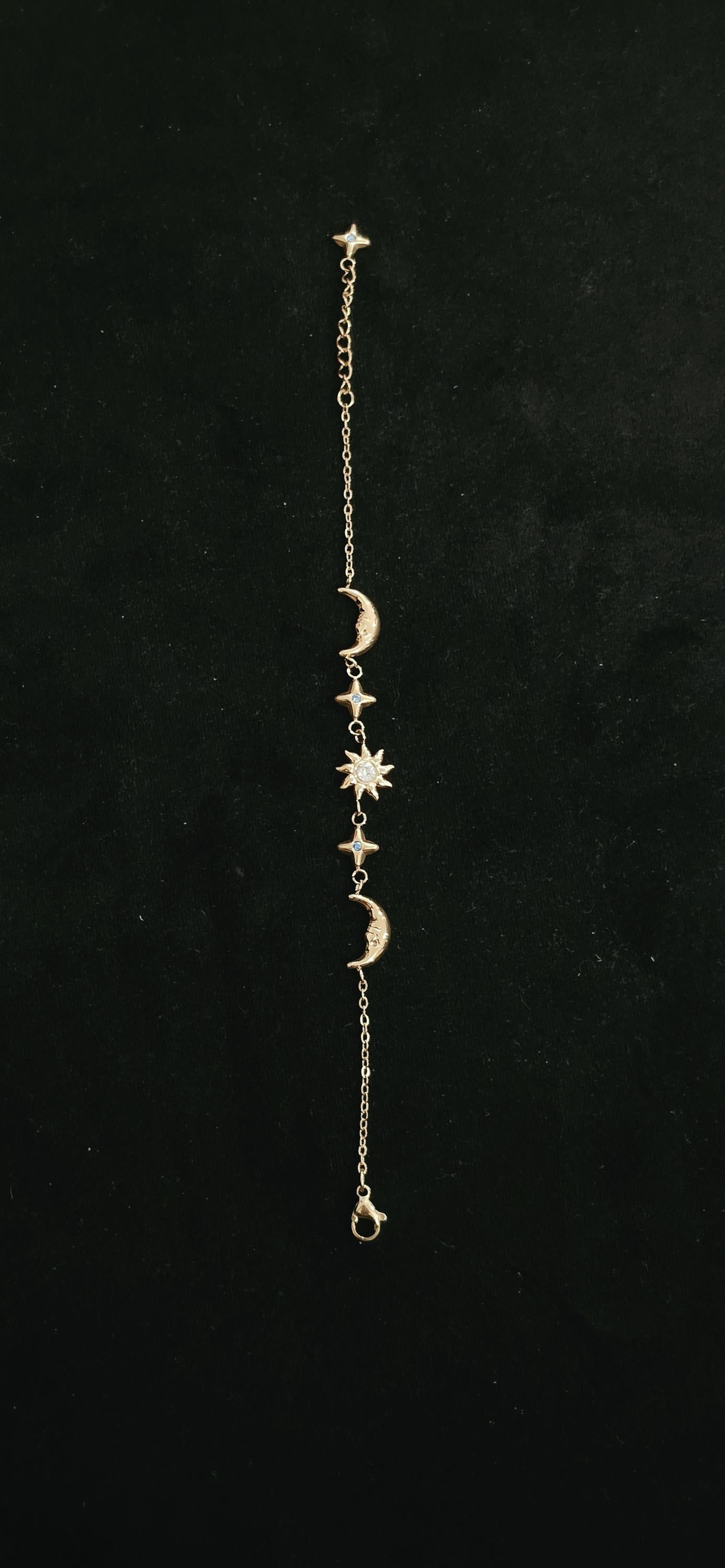 Gold Sun Moon Star Bracelet, Celestial Charm, Stainless Steel, Adjustable Astrology Jewelry