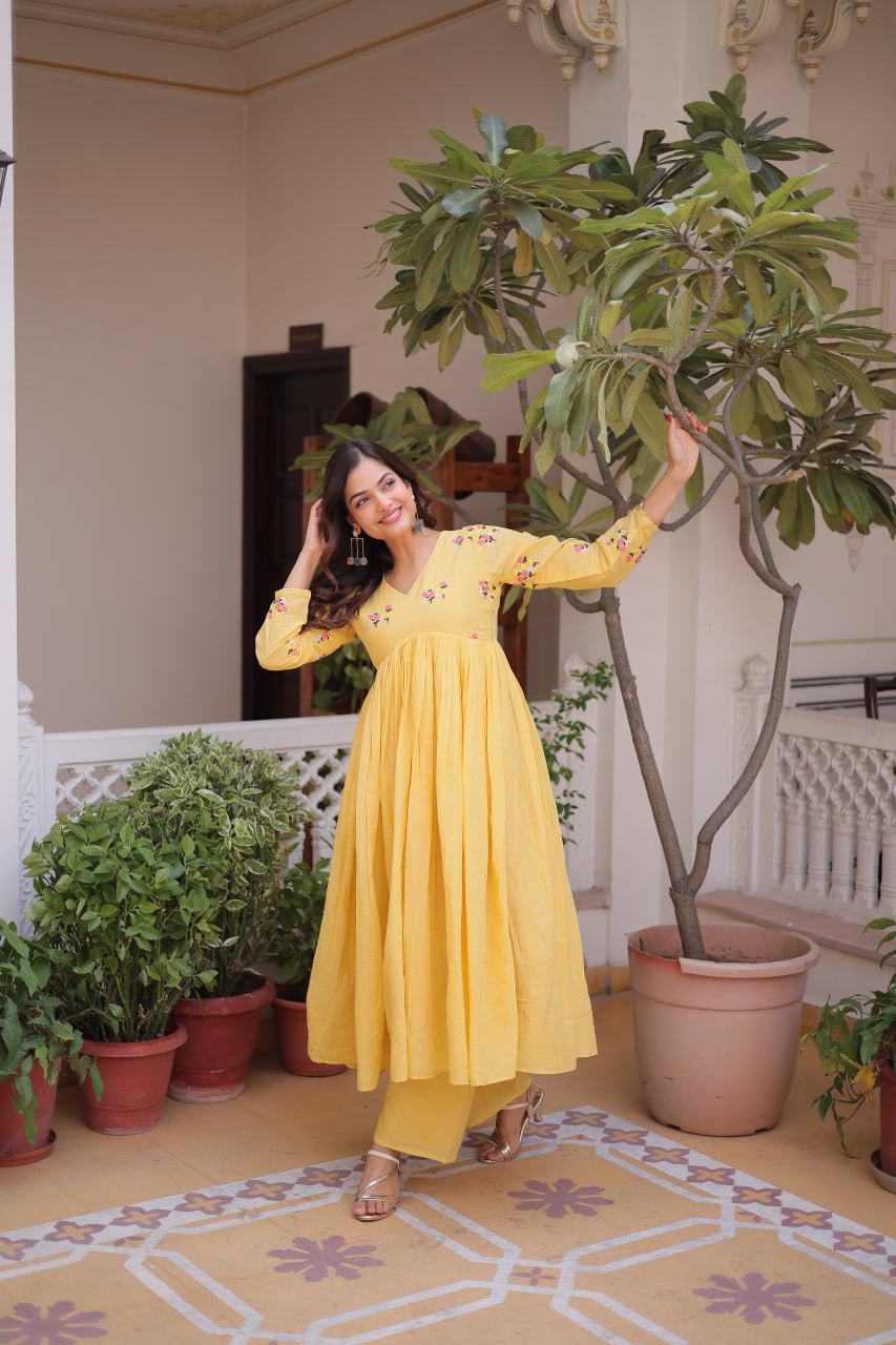 Embroidered Cotton Kurti Pant Set, V Neck Long Sleeve Indian Ethnic Wear