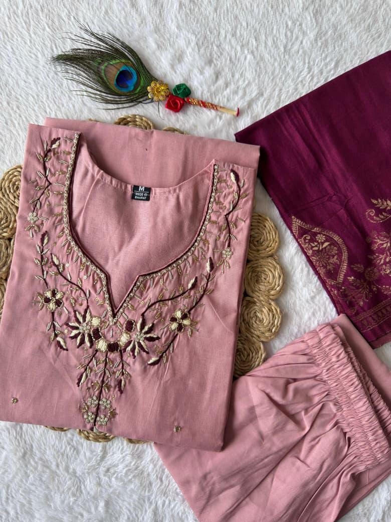 Light Pink Roman Silk Suit Set, Handwork Jacquard Dupatta, Festive Ethnic Wear