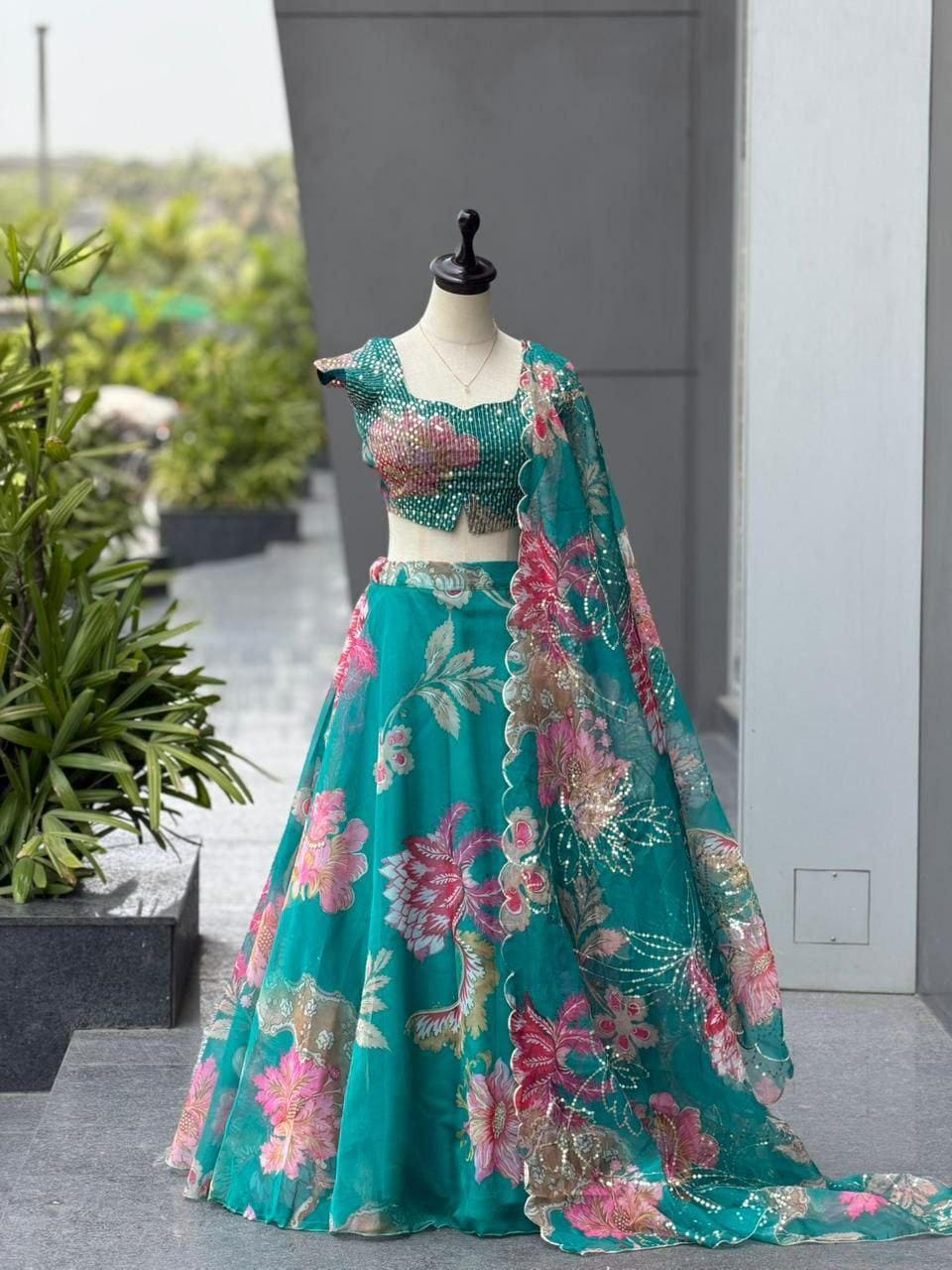 Pure Organza Digital Print Lehenga Choli Set | 8 Meter Flare, Sequins, Batwa Bag