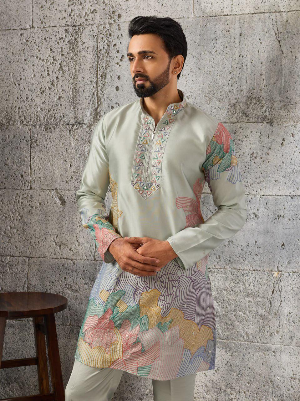 Men's Silk Kurta Pant Set | Thread Sequin Embroidery Festive Outfit