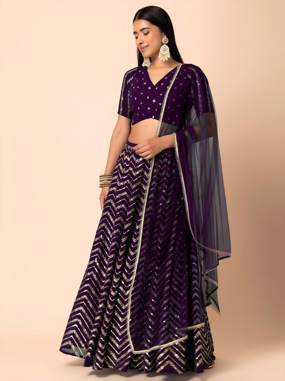 Deep Purple Georgette Lehenga Choli Set | Zari Sequin Embroidered Wedding Party Wear Net Dupatta
