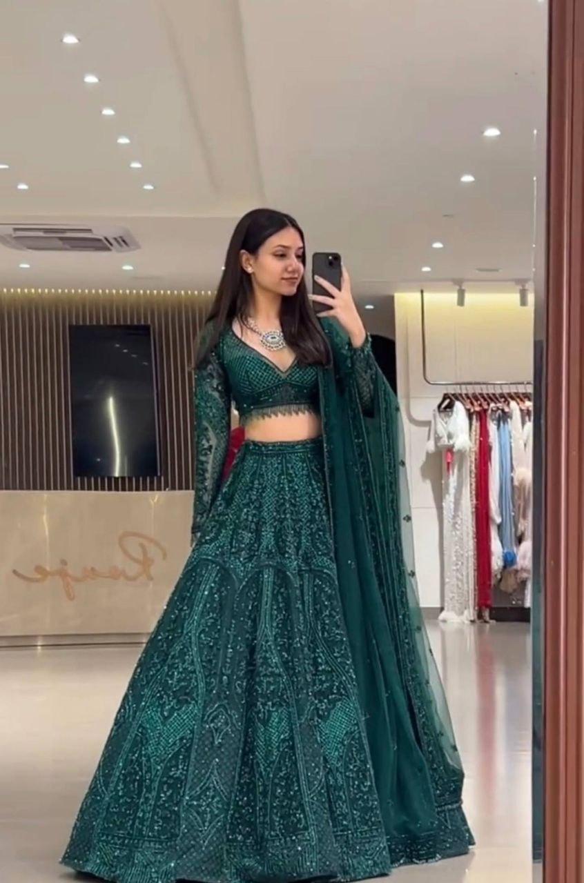 Emerald Net Lehenga Choli Set, Dori Sequins Thread Work, 3.5 Meter Flair