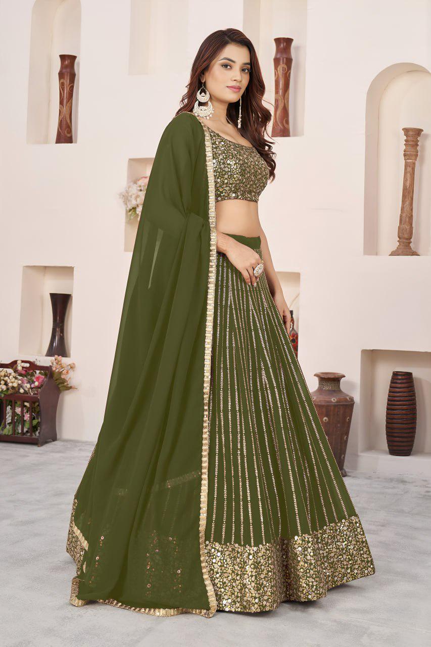 Olive Green Georgette Lehenga Choli Set | Zari Sequins Embroidery, Semi-Stitched A-Line