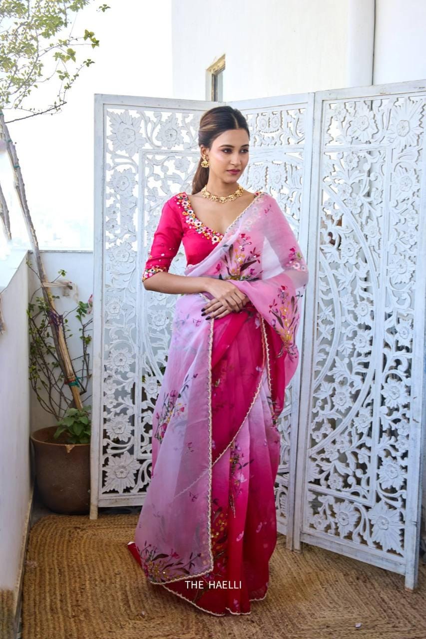 Floral Print Tabi Saree with Cut Dana Handwork, Chinon Blouse, Summer Party Wear