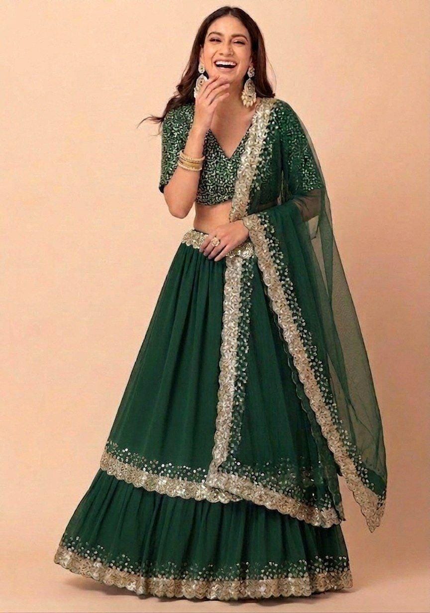 Emerald Georgette Lehenga Choli Set, Zari Sequin Embroidery, Wedding Party Wear