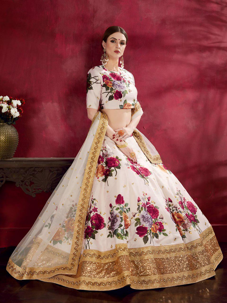 Ivory Floral Art Silk Lehenga Choli Set | Golden Embroidered Border, Net Dupatta