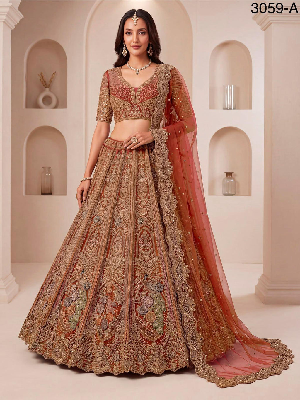 Luxury Peacock Embroidered Bridal Lehenga Choli Set | Zari Sequins Zircon Net Wedding Wear
