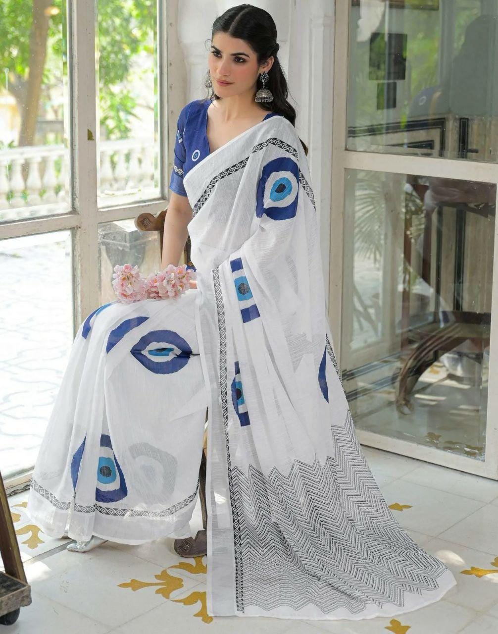 White Linen Cotton Saree | Najariya Print, Digital Pallu, Casual Everyday Wear