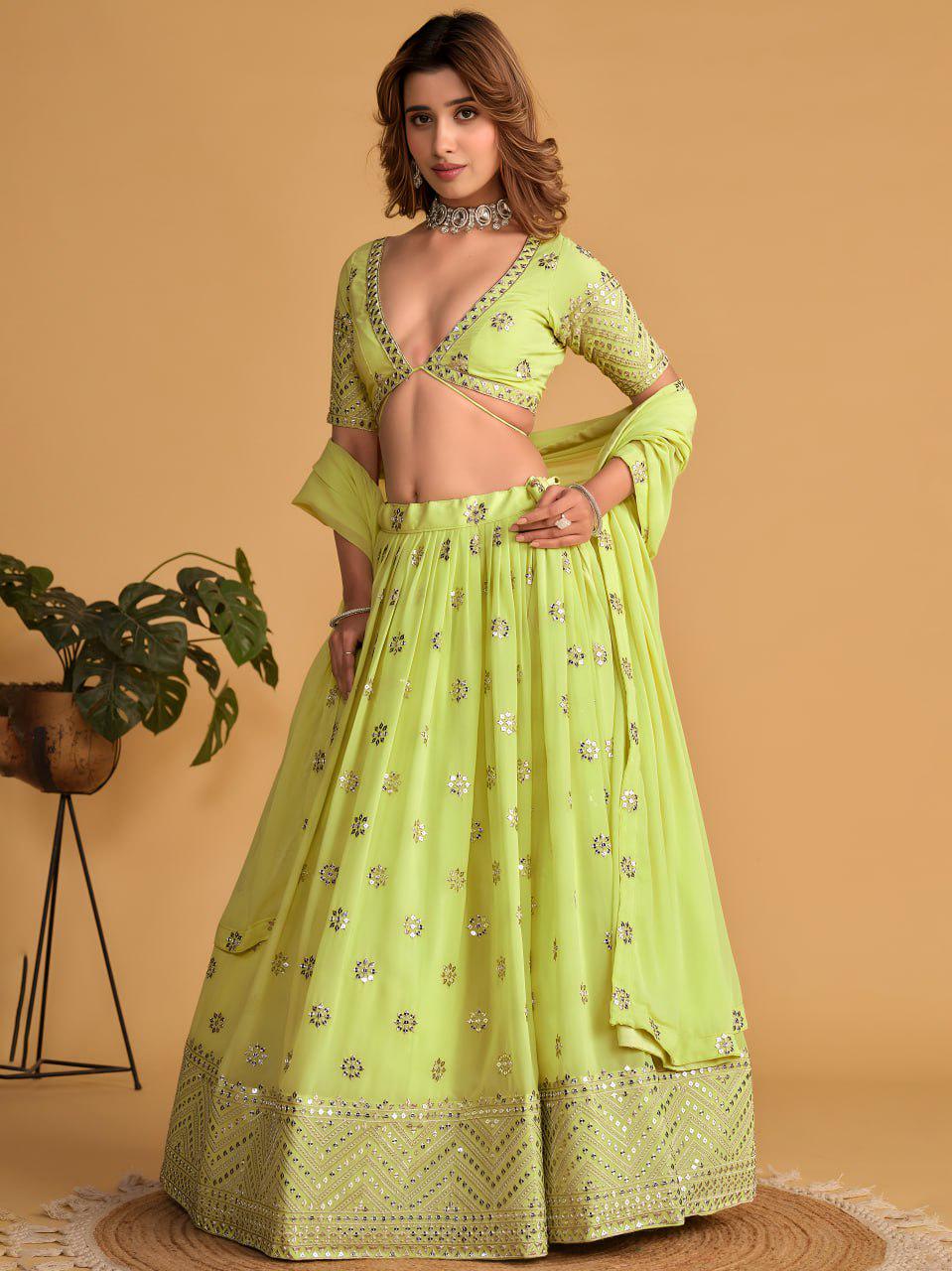Lime Green Georgette Lehenga Choli Set | Zari Sequins Embroidered Festive Outfit