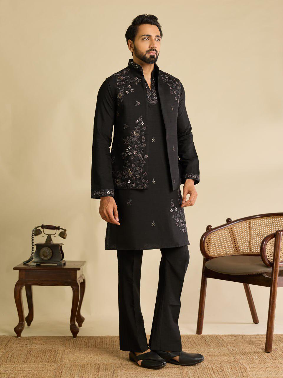Art Silk Kurta Koti Pant Set | Mirror Work Embroidery Festive Wear