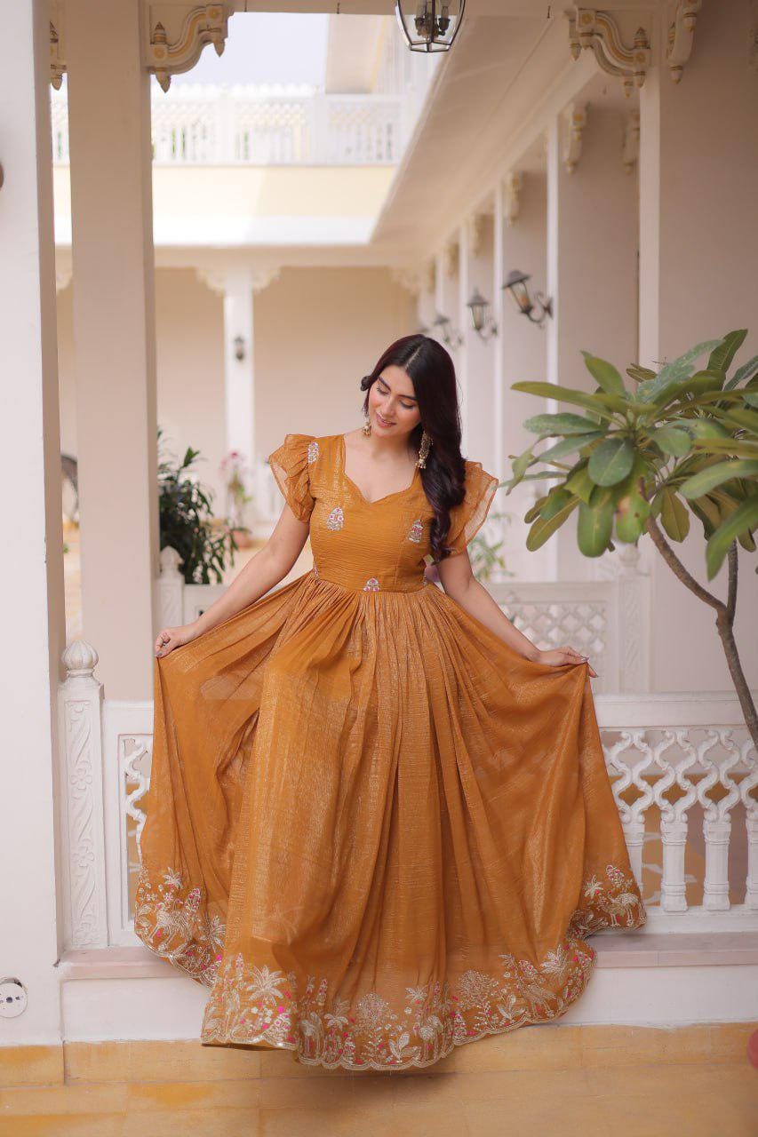 Silver Embroidered Gown, Frill Sleeve Ethnic Party Dress, Flared Anarkali Gown