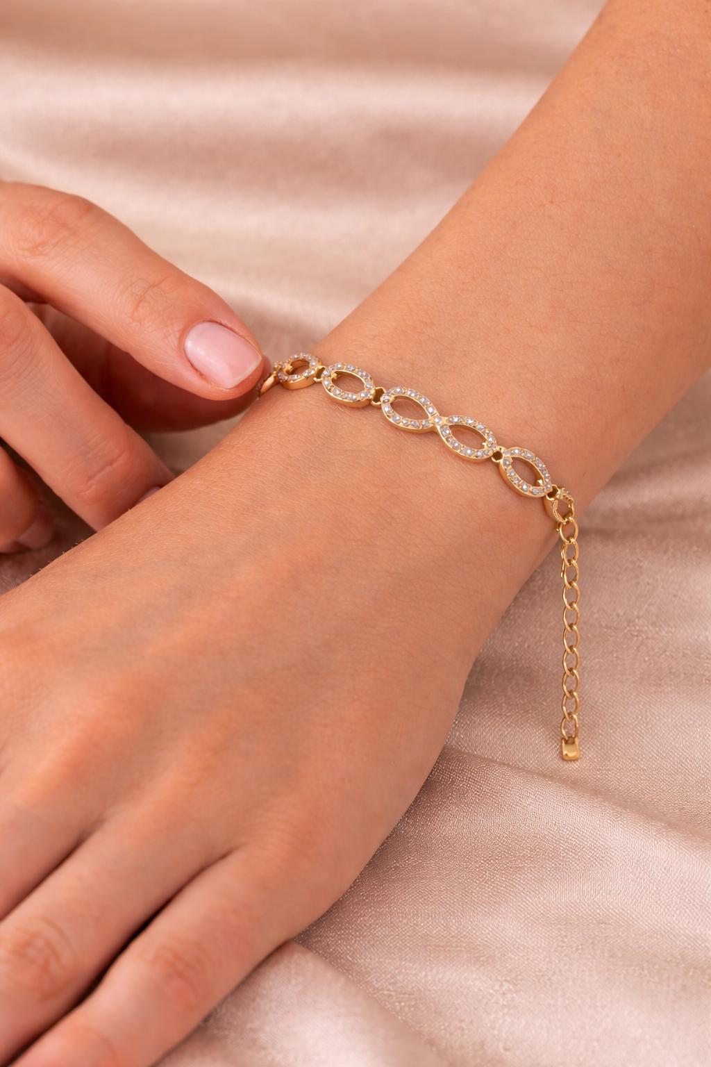 Gold Infinity Bracelet, Sparkling Crystal Accents, Stainless Steel, Adjustable Wrist Jewelry