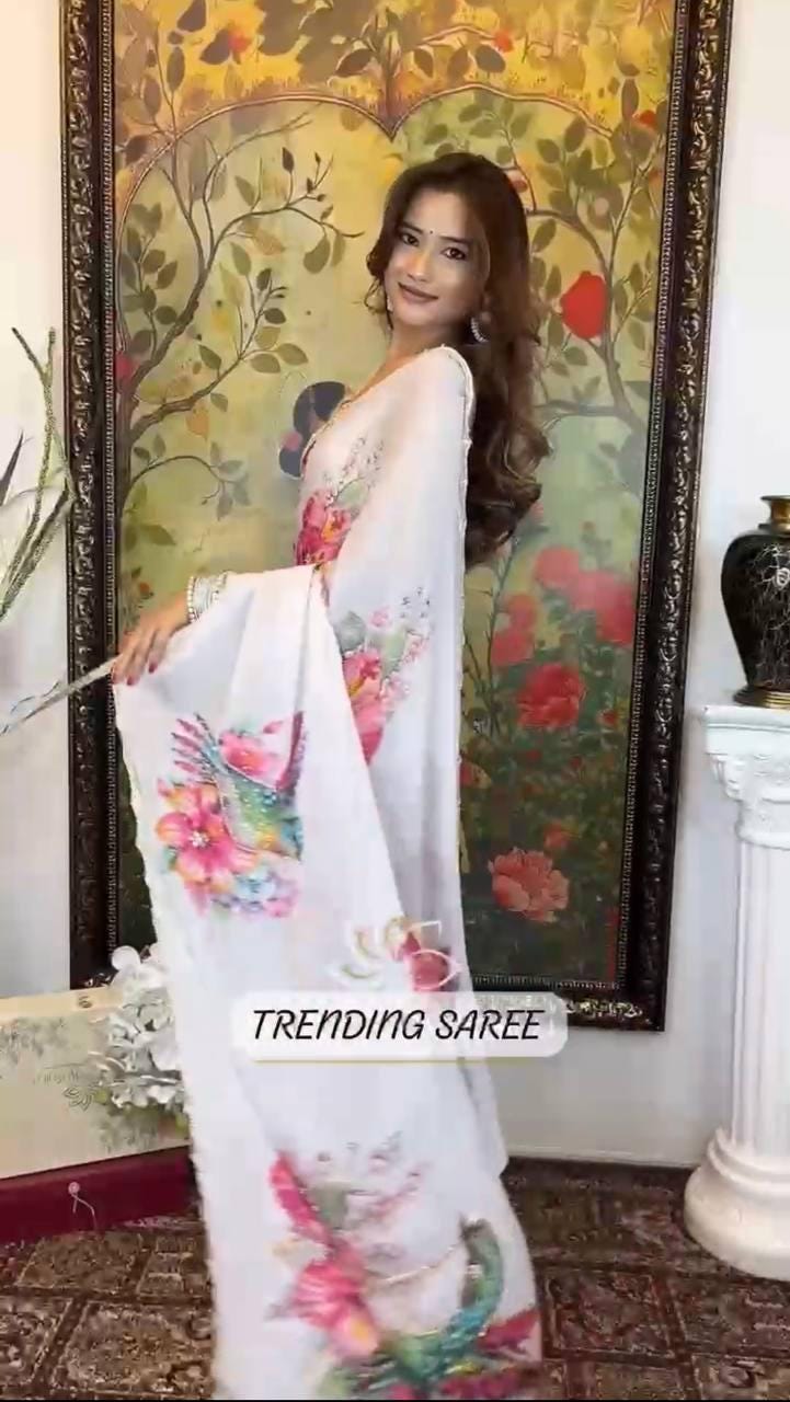 Floral Sparrow Print Soft Tabby Silk Saree, Khatli Cut Dana Handwork, Jalpari Blouse