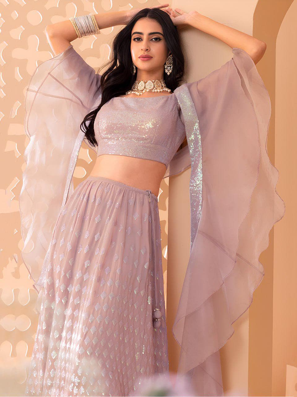 Blush Pink Sequin Embroidered Lehenga Choli Set | Organza Ruffle Dupatta, Wedding Wear