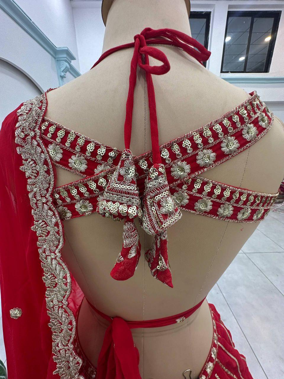 Red Faux Georgette Lehenga Choli | Sequins Zari Embroidery Bridal Set