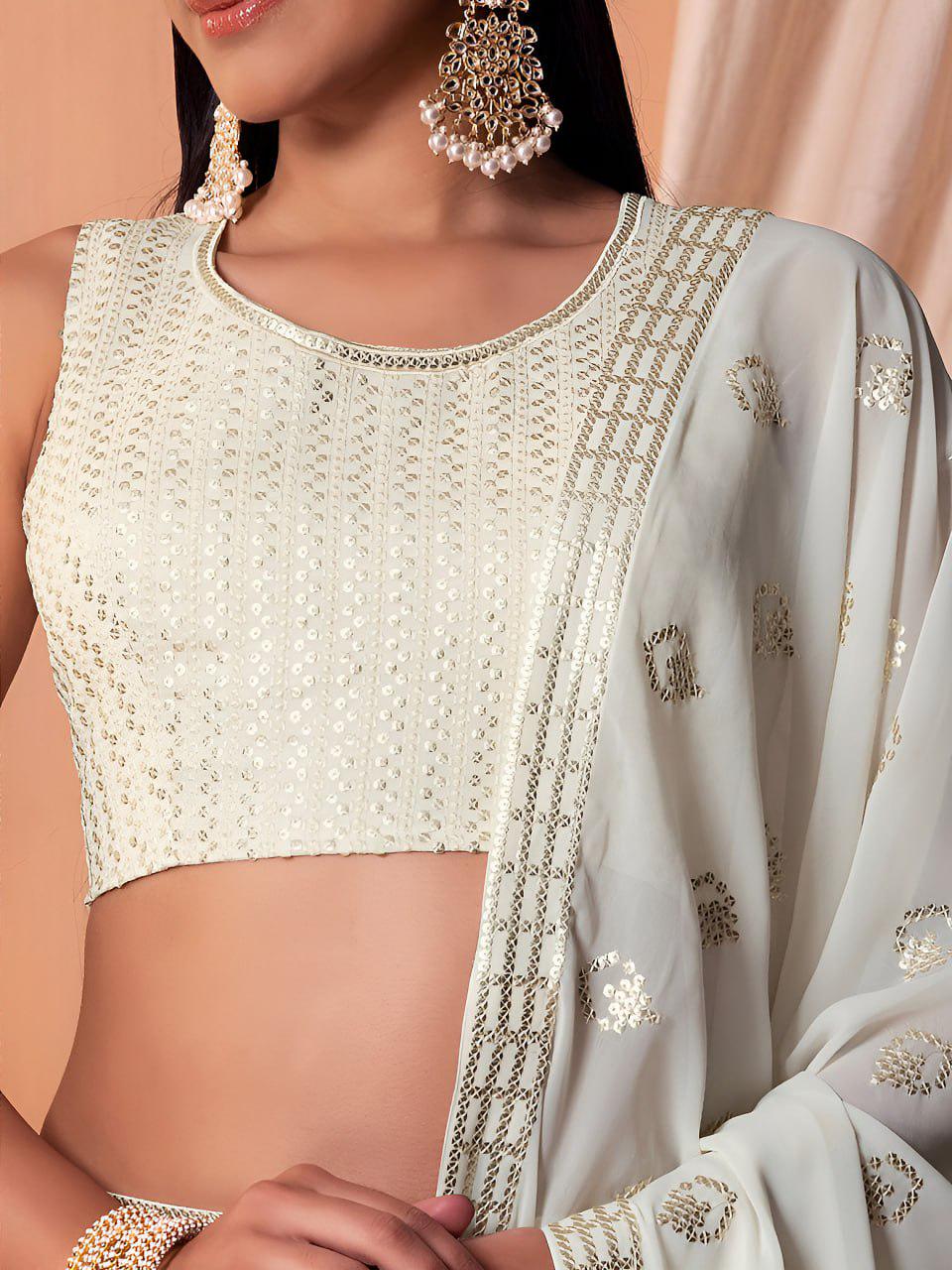 Ivory Georgette Lehenga Choli Set | Sequin Embroidered Wedding Bridal Outfit