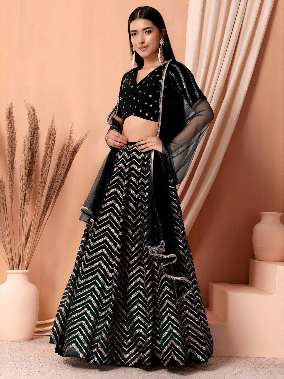 Black Georgette Lehenga Choli Set | Sequin Embroidered Wedding Party Wear (Semi-Stitched)