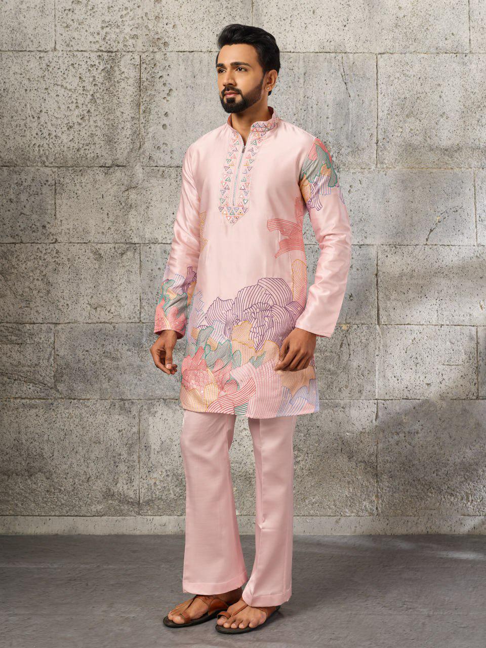 Men's Silk Kurta Pant Set | Thread Sequin Embroidery, Festive Wedding Outfit