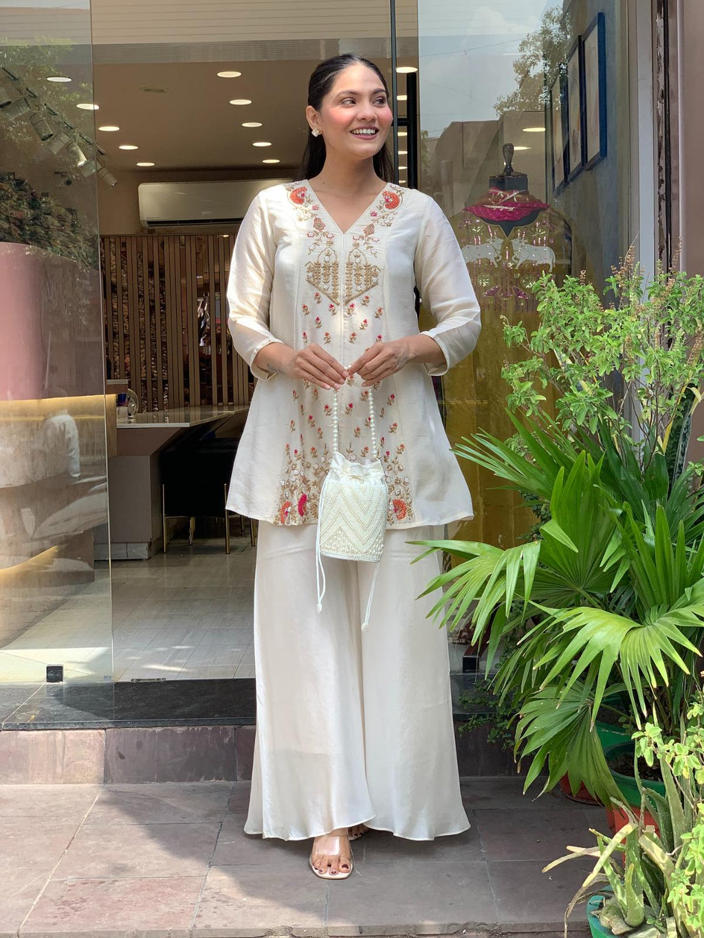 Embroidered Silk Kurti Pant Set, Short Ethnic Co-Ord Outfit, Festive Wear
