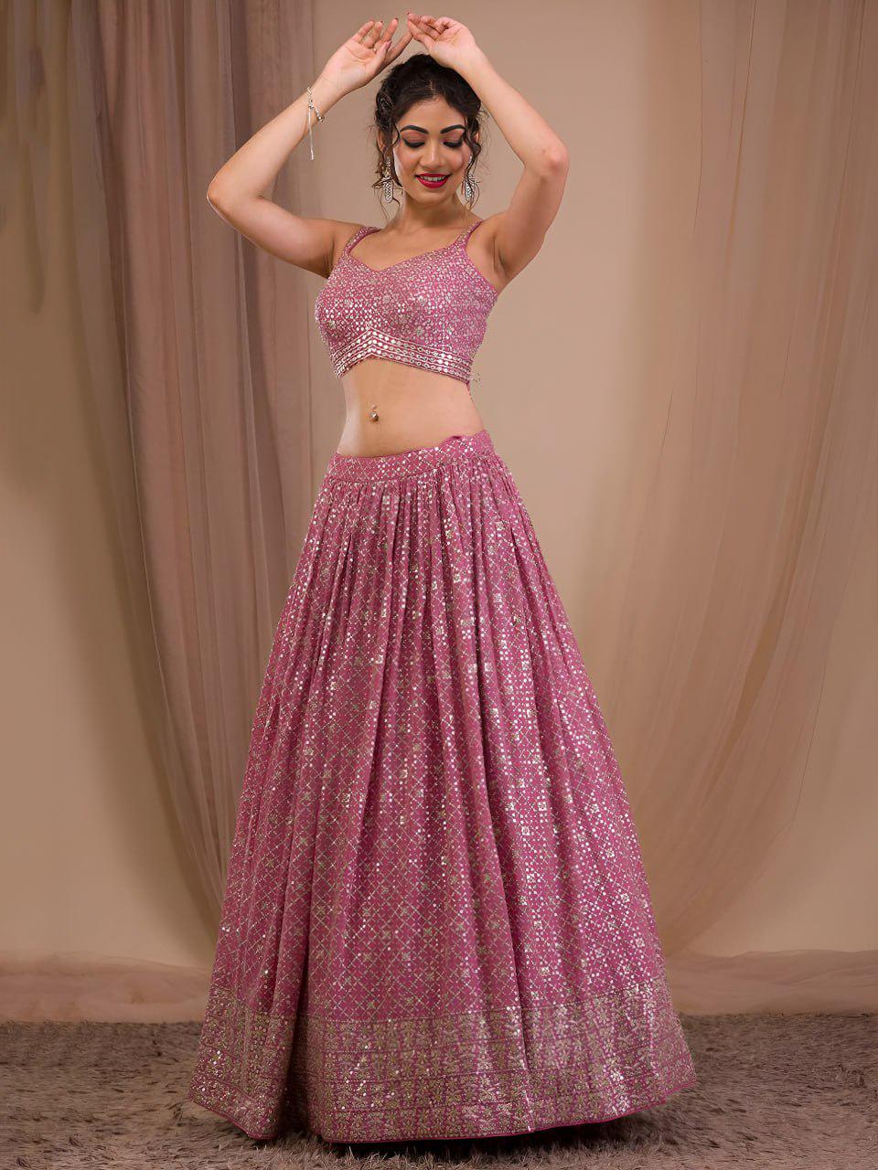 Rosy Mauve Georgette Lehenga Choli Set | Zari Sequins Embroidered Wedding Outfit Net Dupatta