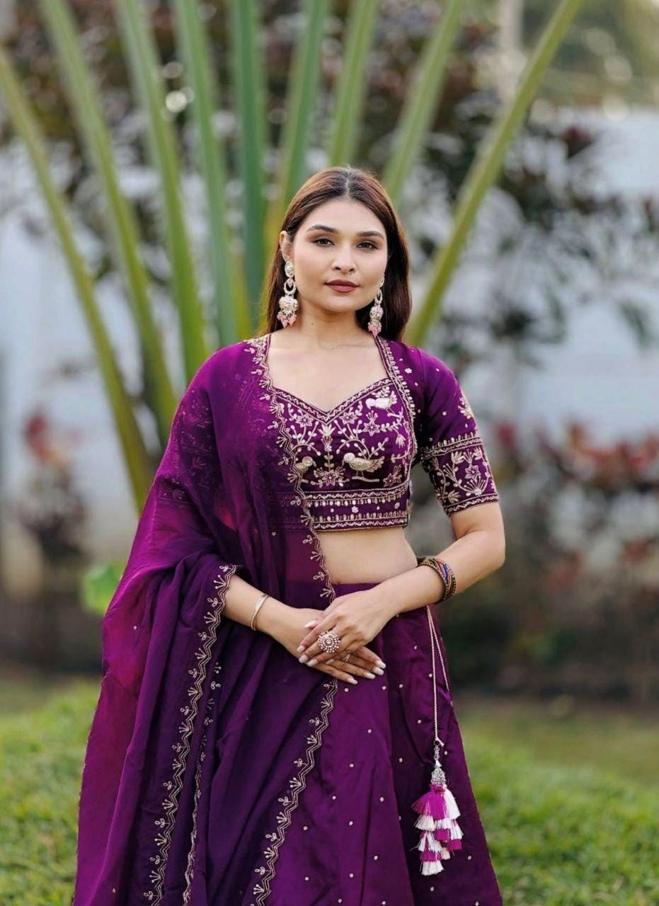 Purple Chinon Lehenga Choli Set | Heavy Embroidery Sequin Work, Flared Indian Wedding Party Wear