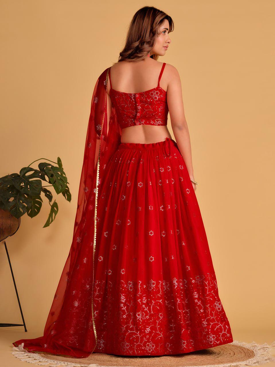 Red Georgette Lehenga Choli Set | Zari Sequin Embroidered Wedding Party Wear (Semi-Stitched)