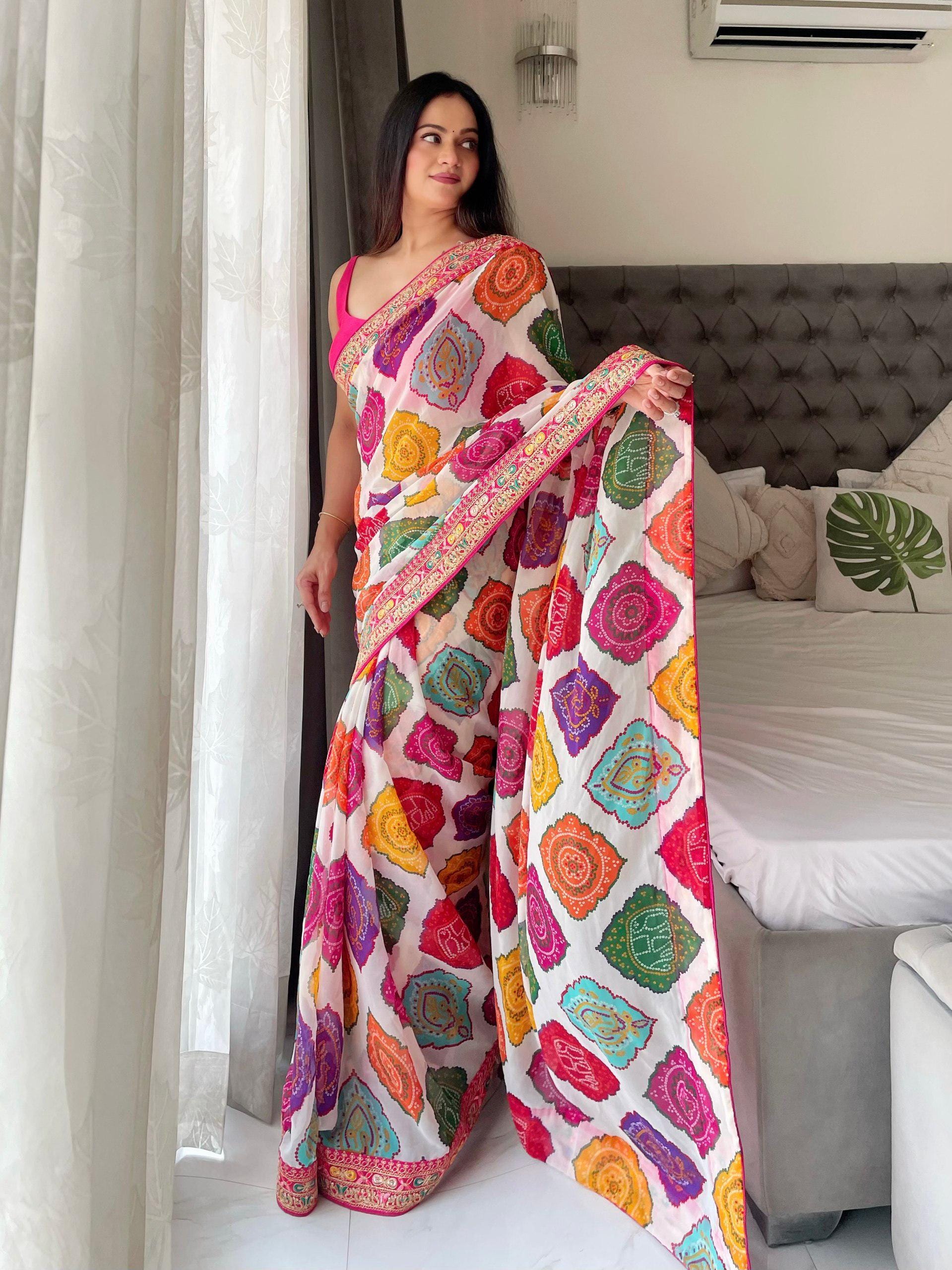 Rajwadi Bandhej Print Georgette Saree | Heavy Embroidered Lace Border, Silk Blouse Piece