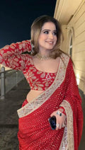 Red Faux Georgette Saree, Sequins Embroidery, Designer Party Wear, Wedding (Unstitched Blouse)