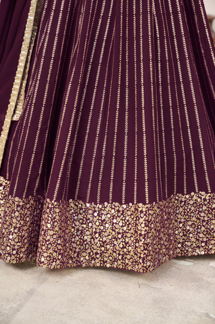 Wine Georgette Lehenga Choli Set | Zari Sequins Embroidery, A-Line Party Wear