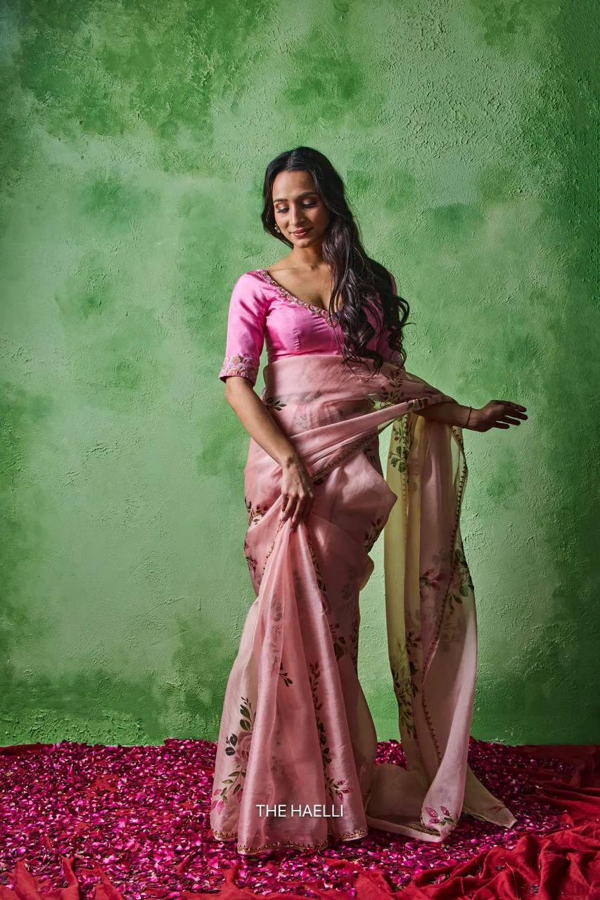 Soft Tabby Floral Sparrow Print Lehenga Choli | Handwork Cutdana Indian Wedding Festive Wear