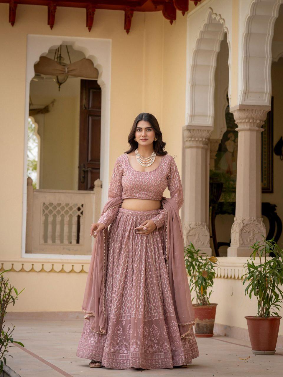 Rosy Brown Faux Georgette Lehenga Choli | Zari Sequin Embroidery, 3.5M Flair, Indian Party Wear