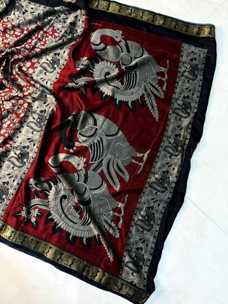 Soft Black Dola Silk Saree with Pen Kalamkari Art