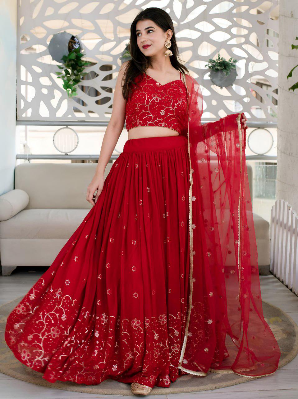 Red Organza Lehenga Choli, Velvet Blouse, Sequins Embroidery Wedding Outfit