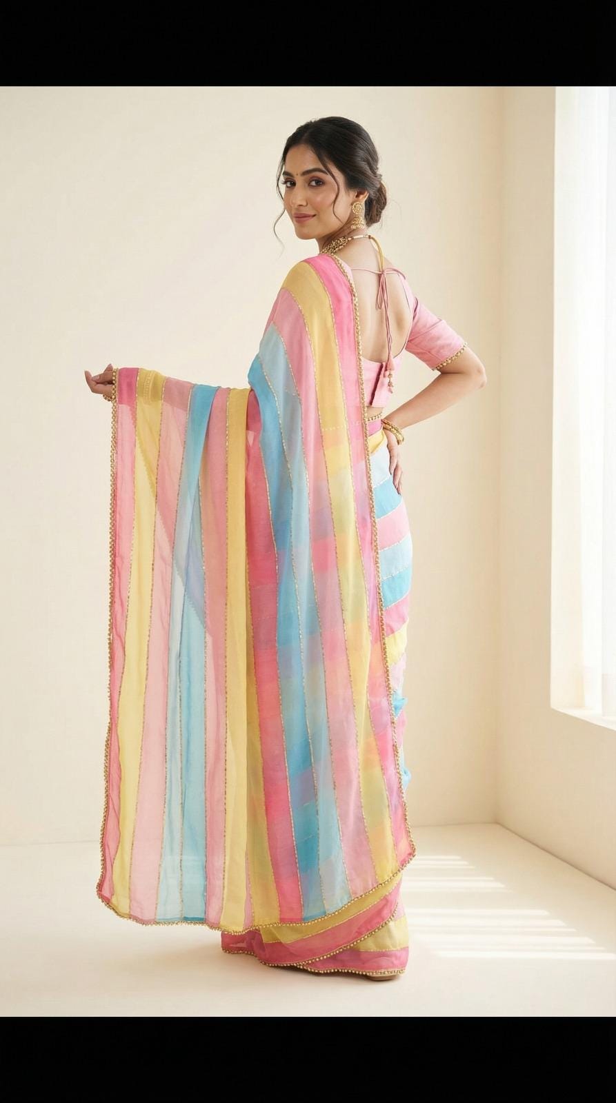 Soft Tabby Organza Saree, Multi Print, Beads Katdana Handwork Border, Jalpari Silk Blouse