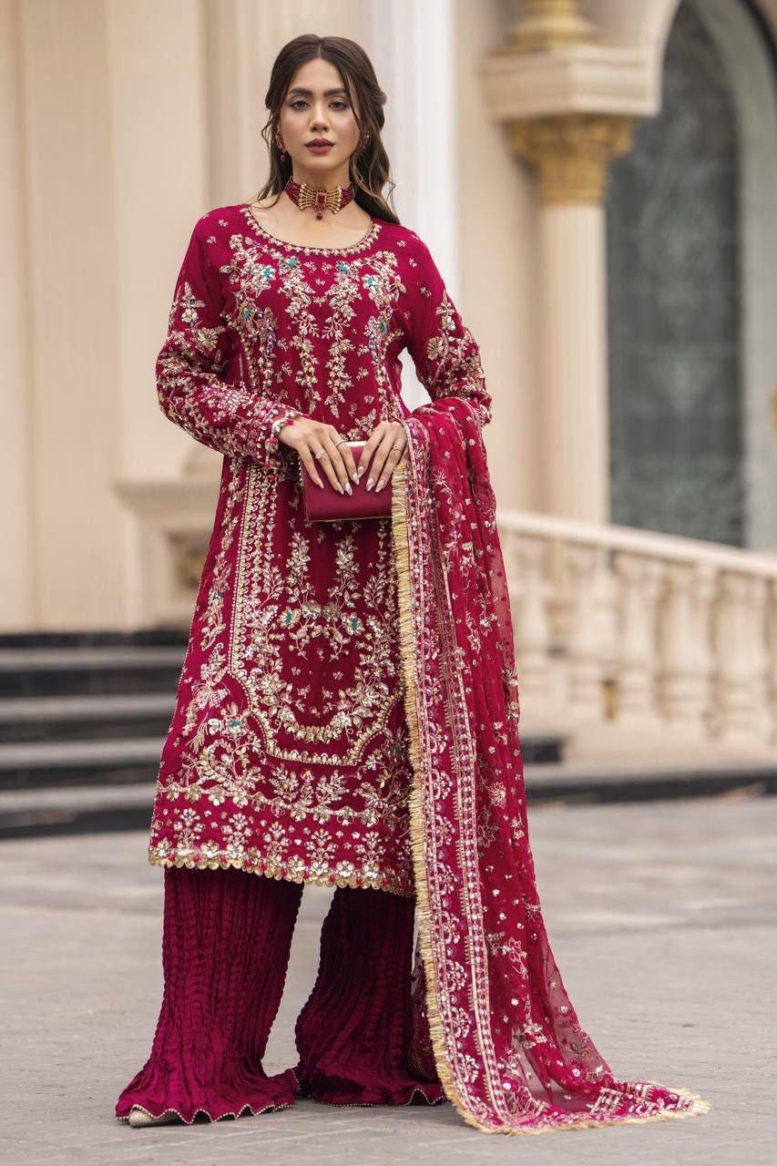 Embroidered Faux Georgette Kurta Palazzo Set with Sequins, Beads Work Ethnic Wear