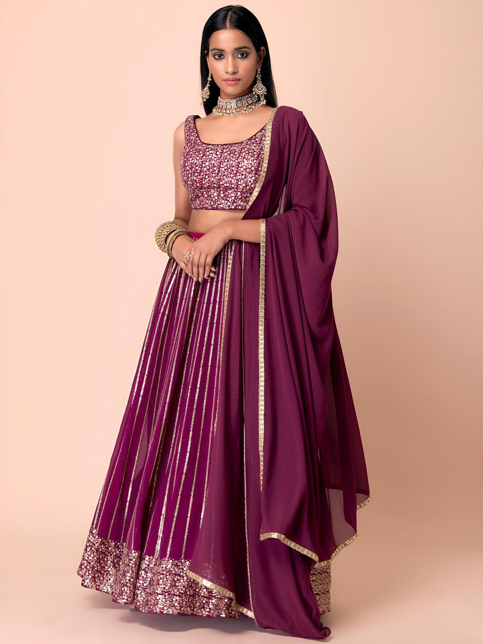 Wine Heavy Georgette Lehenga Choli | Zari Sequins Embroidered Wedding Outfit