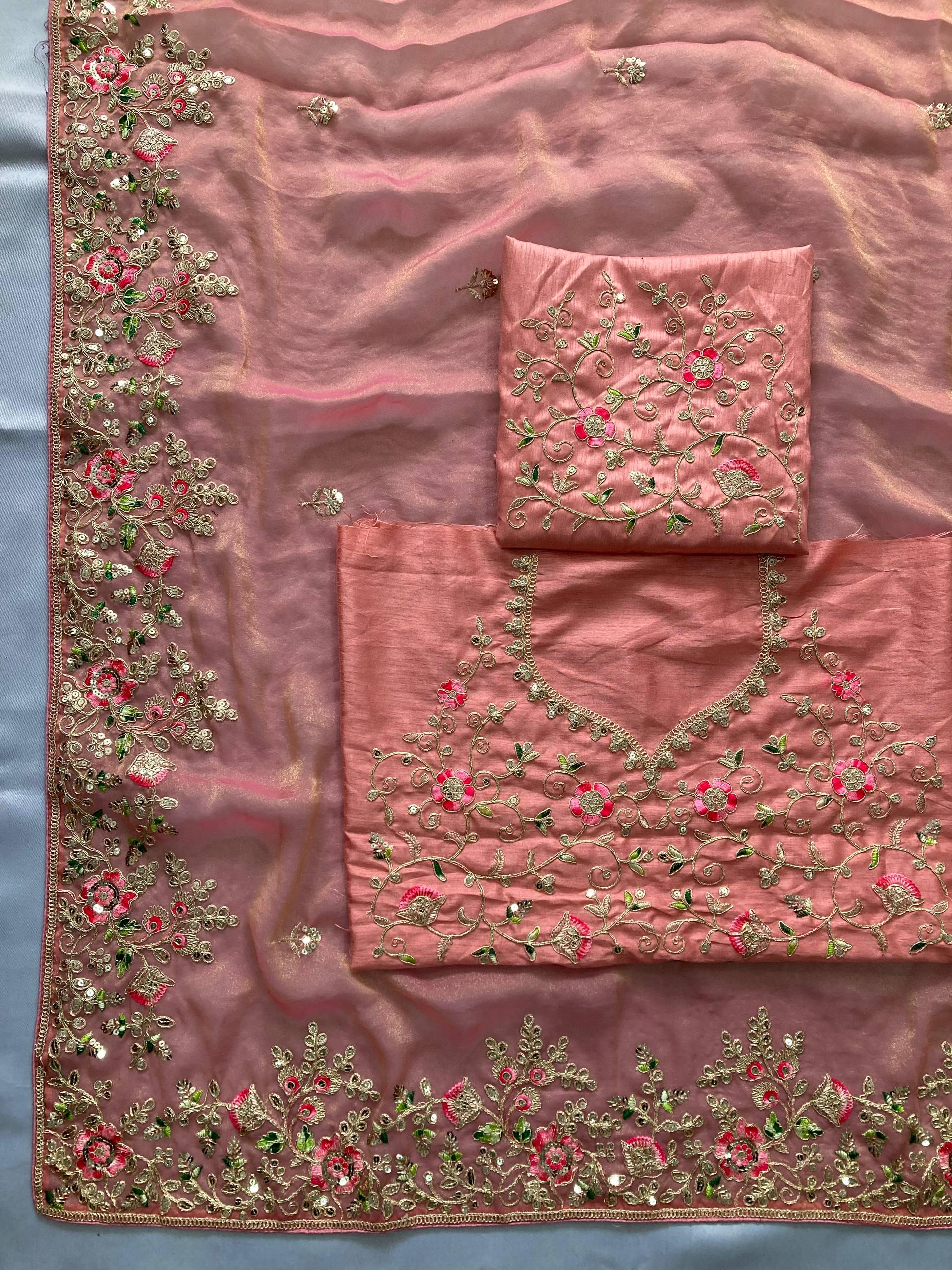 Moss Chiffon Embroidered Saree, Cutwork Border, Banglory Silk Blouse, Festive Wear