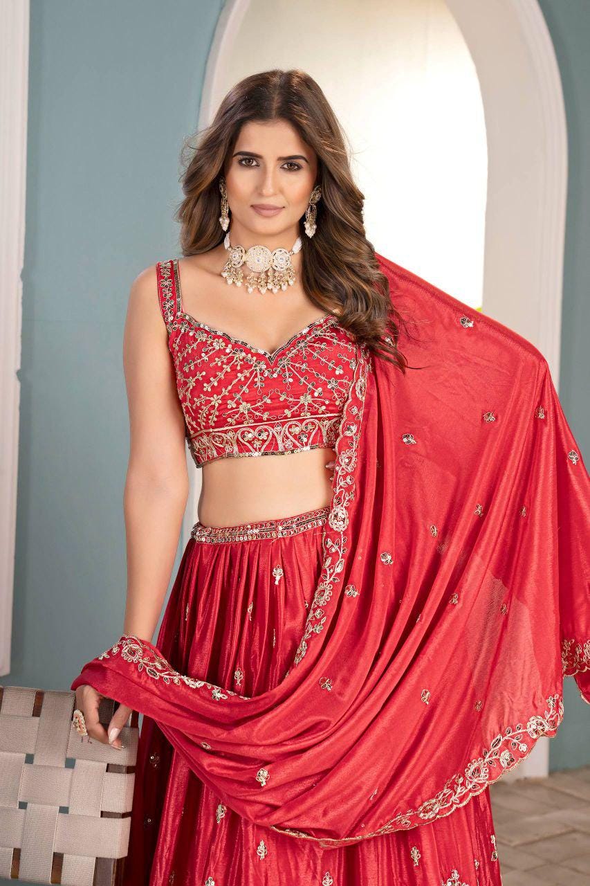 Chinon Lehenga Choli | Sequins, Coding Embroidery, 3.5M Flair Bridal Set