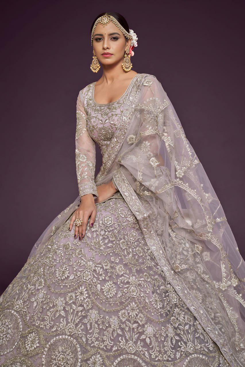 Lavender Net Lehenga Choli Set, Zari Badla Glitter Embroidery, Semi-Stitched Wedding Dupatta
