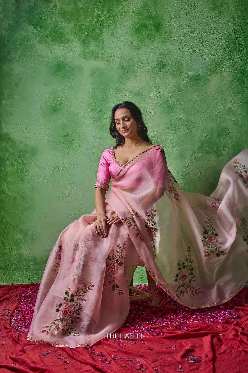 Soft Tabby Floral Sparrow Print Lehenga Choli | Handwork Cutdana Indian Wedding Festive Wear