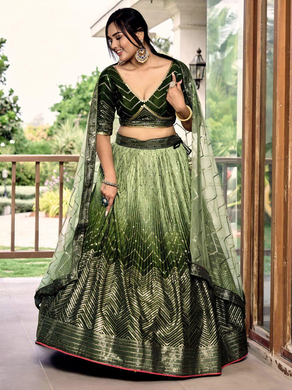 Olive Green Chinnon Lehenga Choli Set | Sequin Embroidered Wedding A-Line Lehenga, Net Dupatta