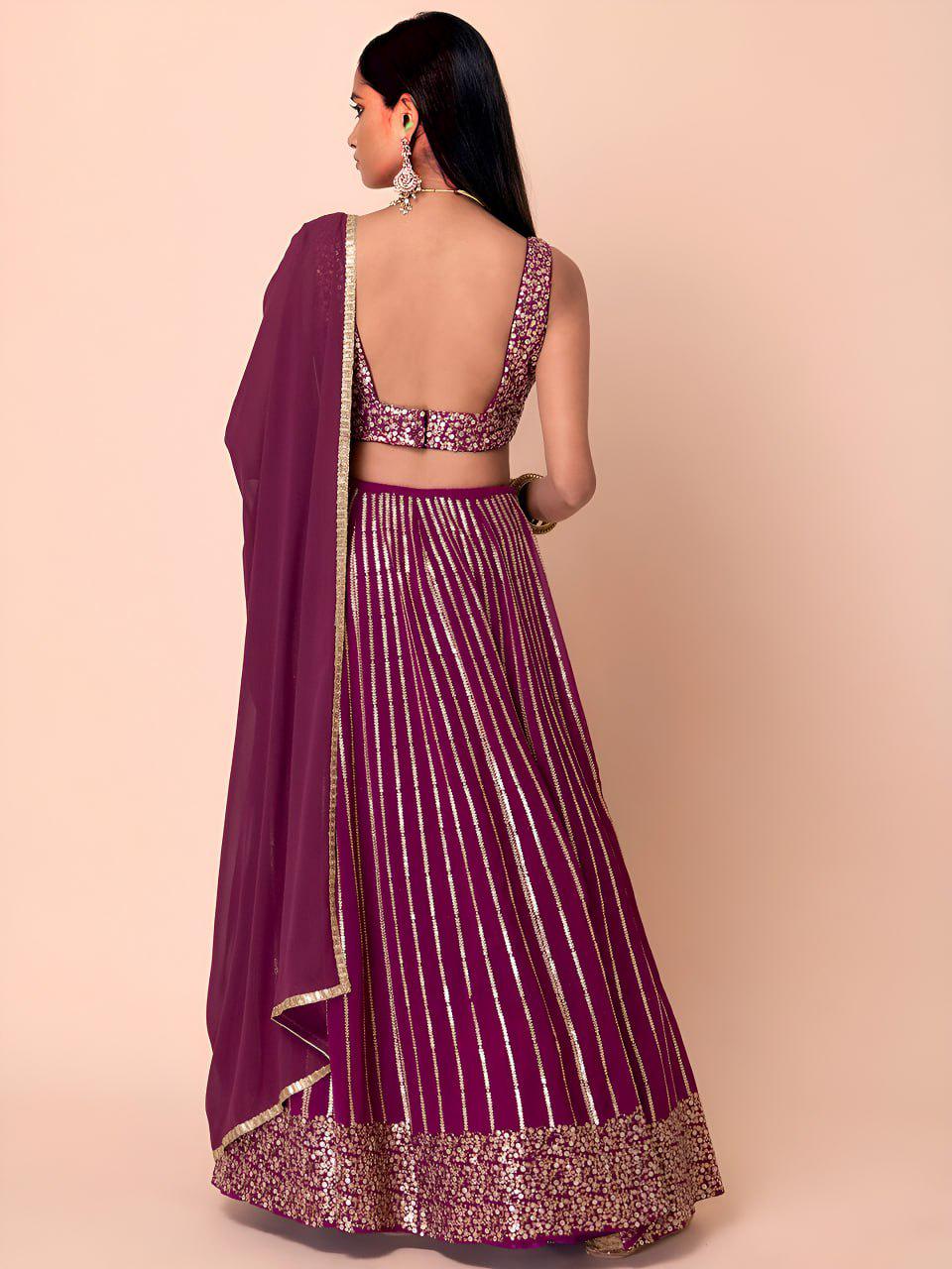 Wine Heavy Georgette Lehenga Choli | Zari Sequins Embroidered Wedding Outfit