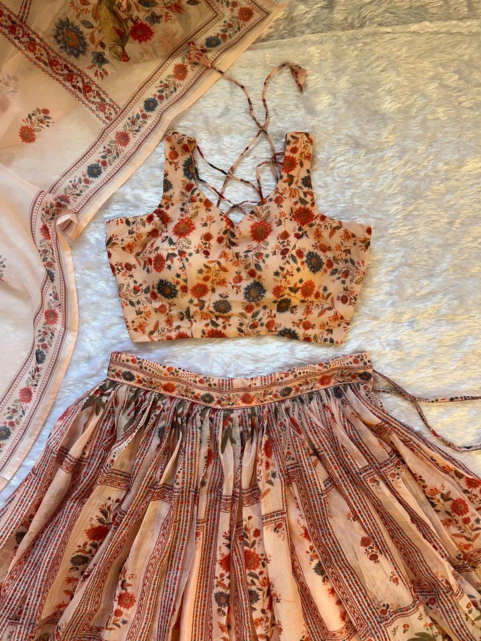 Pastel Floral Organza Lehenga Choli Set | Digital Print Padded Blouse, Party Wear